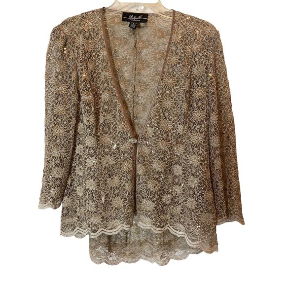 R & M Richards Beige Sequin Lace Dress & Jacket Set Size 6 - Picture 5 of 16